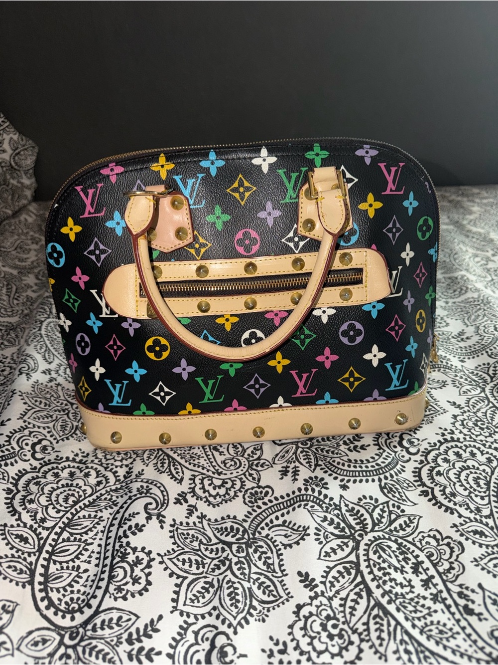 Louis Vuitton Black Multicolor Monogram Alma Satchel with Beige Trim